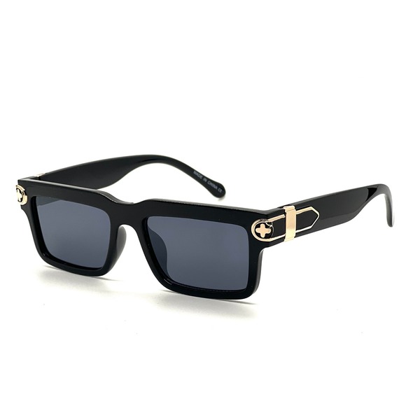 Men's Black Square Sunglasses Gold Accent Detail Dark Lenses Eyewear Cholo Shade - Picture 5 of 7